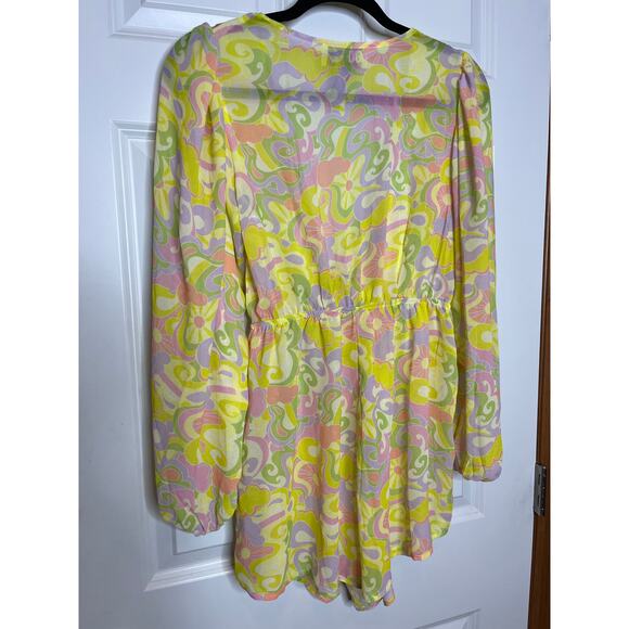 Beach Riot Yellow Pink Romper Cover Up Medium Tie Front V Neck - Picture 4 of 12